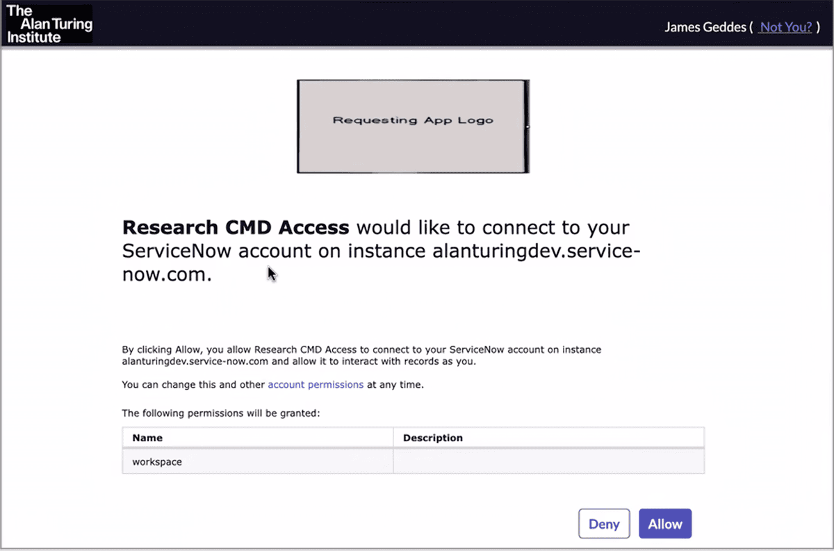 Screenshot of ServiceNow OAuth authorisation prompt. The text reads: "Research CMD Access would like to connect to your ServiceNow account on instance alanturingdev.service-now.com. By clicking Allow, you allow Research CMD Access to connect to your ServiceNow account on instance alanturingdev.service-now.com and allow it to interact with records as you. You can change this and other account permissions at any time. The following permissions will be granted: Name: workspace. Options: 'Deny' or 'Allow'"